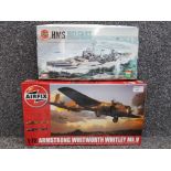 2 boxed Airfix models, HMS Belfast naval warship and Armstrong Whitworth Whitley MK.V