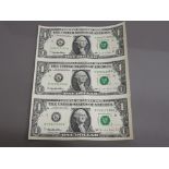 Uncut strip of three USA one dollar banknotes uncirculated unusual collectors item