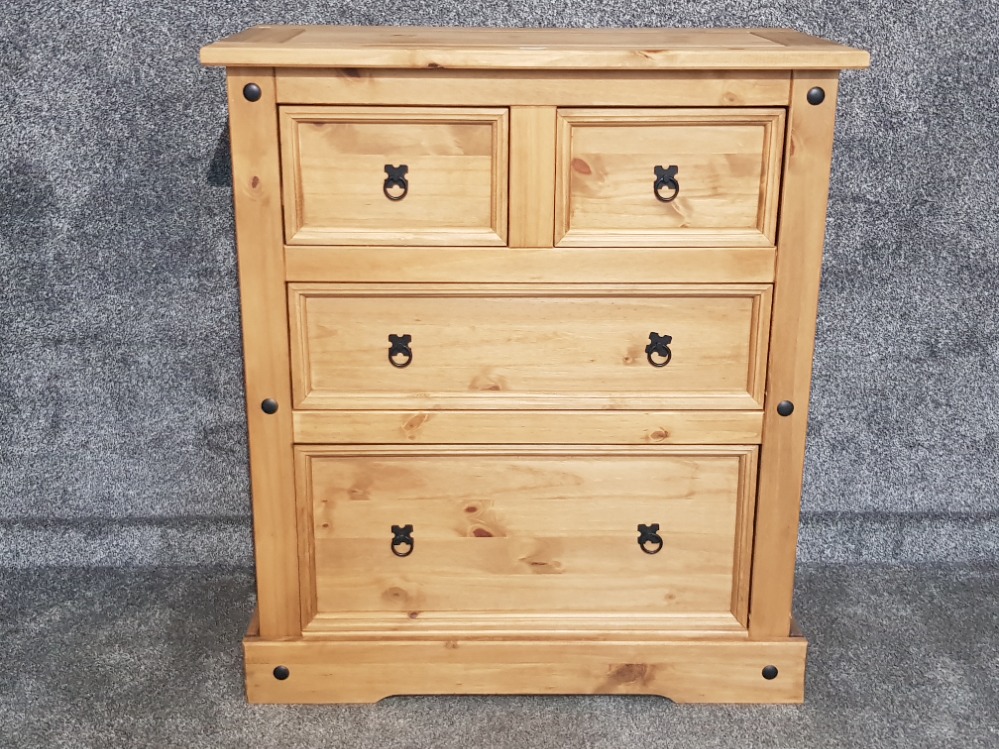 A Corona pine chest of five drawers 92 x 105 x 48.5cm.