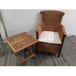 Wicker and mahogany framed armchair plus folding tabble