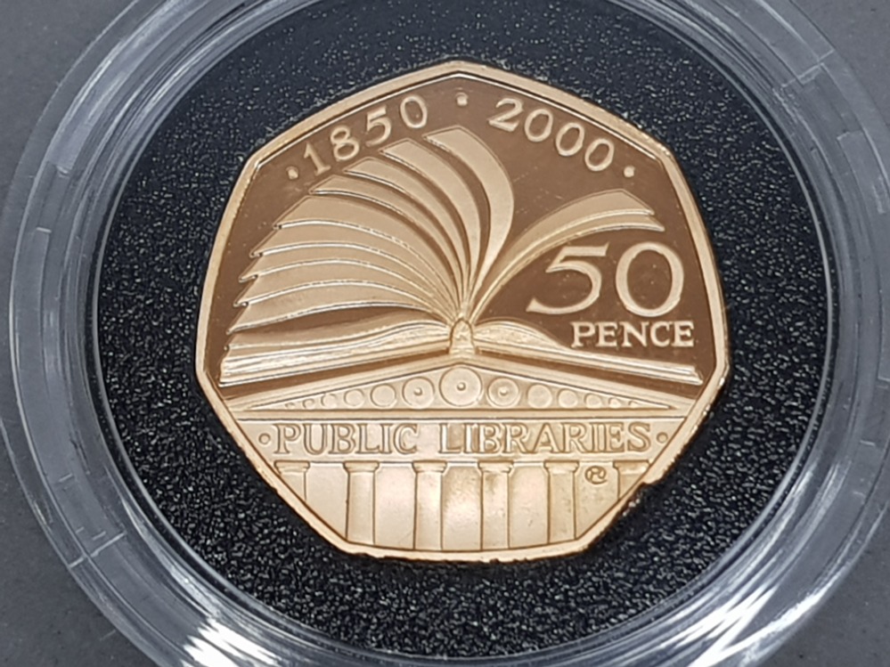 UK gold 2000 public library milestones 22ct 50p gold coin, 15.50 grams, in original case with - Image 2 of 3