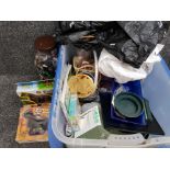 Box of miscellaneous items inc small baskets, tub of vintage buttons, battery operated toy animals