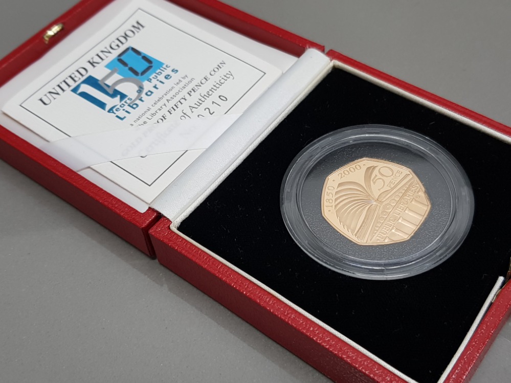 UK gold 2000 public library milestones 22ct 50p gold coin, 15.50 grams, in original case with