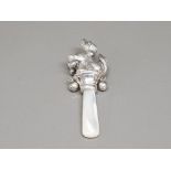 Sterling silver babies rattle set with mother of pearl teether handle