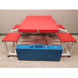 Two plastic and metal folding picnic tables.