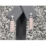 Ladies 9ct white gold pink stone drop earrings