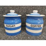 Two Cornish ware canisters by T G Green Cloverleaf, sugar and coffee, 17.5cm high.