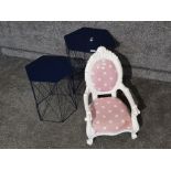 Metal framed nest of 2 tables and painted childs/doll armchair