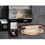 Strongbox with collection of good pearl necklaces, one with silver clasp, and two watches.