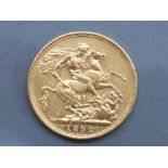 22ct gold 1892 full sovereign coin with Melbourne (M) mint marks