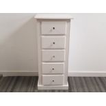 Modern white narrow 5 drawer chest with crystal effect handles, 42x50cm, height 110cm