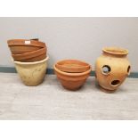Terracotta and other garden planters of various sizes.