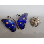 Large enamelled blue butterfly brooch together with a maltese silver wire butterfly brooch