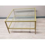 Brass effect framed 2 tier glass topped coffee table, 81x81cm, height 46cm