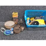 Crate of misc including 60s candleholder, old golf balls etc