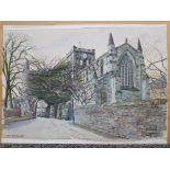 A pastel by Ronald William Thornton (b1936) Northumbrian Church' signed, unframed, 33 x 48cm.