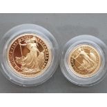 UK gold 1988 Britannia two coin proof set containing ¼Oz & 110 Oz pure gold coins, cased with