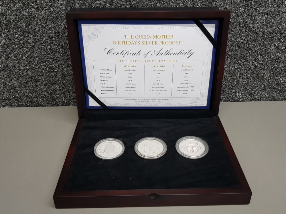 The Queen Mother birthdays 3 coin silver proof £5 set, in original case with certificate of