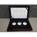 The Queen Mother birthdays 3 coin silver proof £5 set, in original case with certificate of