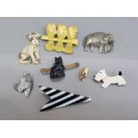 Collection of vintage brooches of various material together with AR Brown pewter horse head lapel
