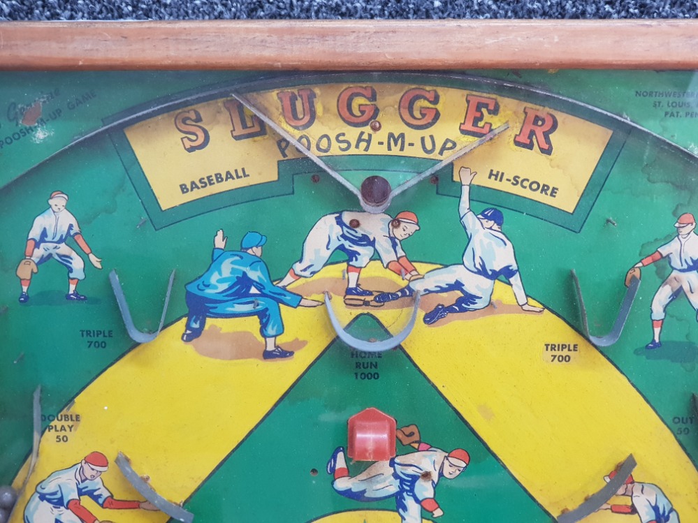 Vintage Poosh-M-up baseball game "Slugger" in display case with game balls, Northwestern products - Image 2 of 3