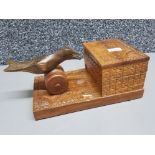 Vintage cigarette box dispenser, hand carved with mechanical bird movement