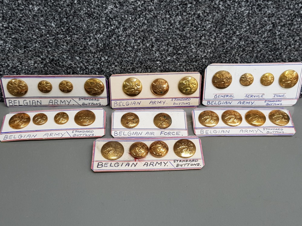 7 Belgian military button sets including standard issue buttons, General service issue & Belgian air