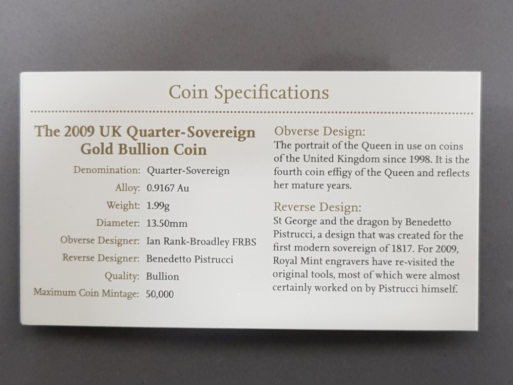 Uk gold 2009 quarter sovereign, brilliant condition uncirculated in original packaging - Image 2 of 3