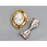 Victorian cameo brooch & silver bow brooch