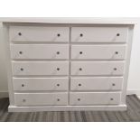 Large modern white 10 drawer chest with crystal effect handles, 45x150cm, height 110cm