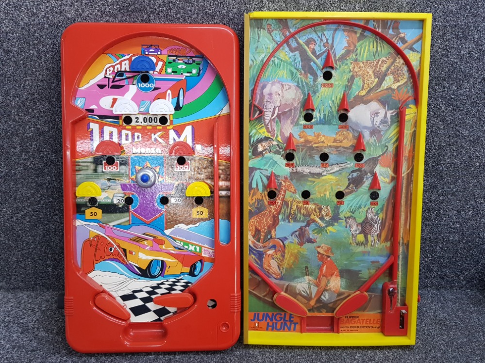 Vintage Flipper bagatelle game "jungle hunt" from the dekkertoys range plus one other "monza 1000
