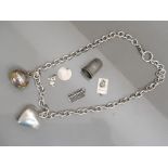 Box of silver chain with big heart & globe pendant, early 19th century thimble plus 4 charms whic
