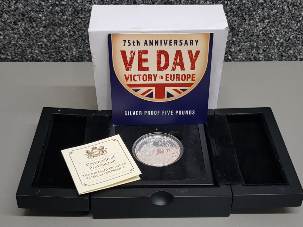 5 pounds silver proof coin, celebrating the 75th anniversary of VE Day with original box and