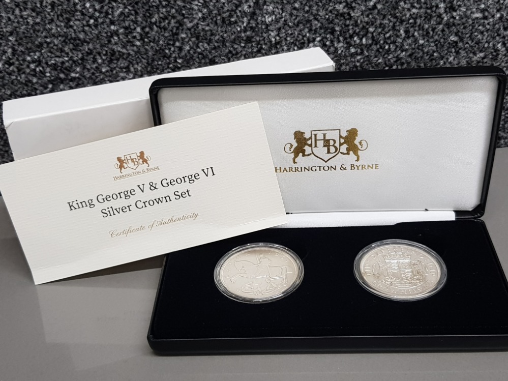 UK 1935-37 King George V & George VI two coin silver crown set, with original case and certificate