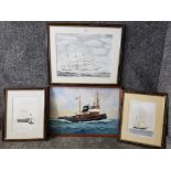 Three watercolours of ships, initialled AC, and another boat with swedish ensign by George Wiseman