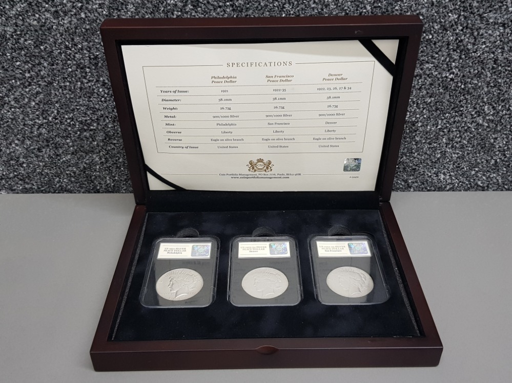 USA silver 1 Dollar 3 coin set, includes 1921 Philadelphia, 1922-34 Denver, 1922-25 San Francisco in