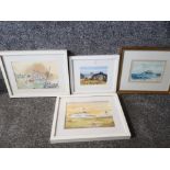 Four pictures to include a watercolour by Pauline Cooney 'Holy Island, and a signed colour print