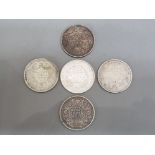 5 silver one rupee indian coins dated 1840, 1885, 1887, 1915 & 1945