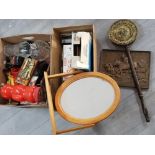 Box of miscellaneous pottery and glass including dressing table mirror & hall mirror with brushes