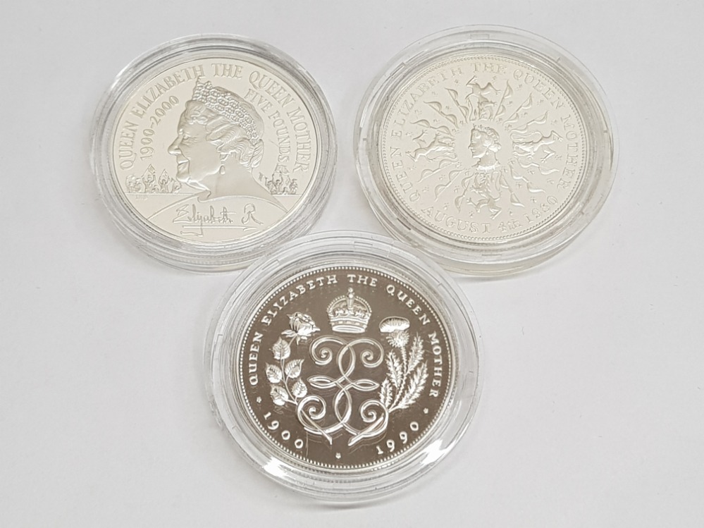 The Queen Mother birthdays 3 coin silver proof £5 set, in original case with certificate of - Image 2 of 3