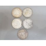 5 silver one rupee indian coins dated 1913, 1917, 1918, 1940 & 1941