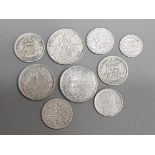 Selection of 9 silver coins, x2 sixpence 1943, 1944 one shilling, 10 cents 1937 etc