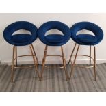 Set of 3 stools upholstered seats with blue fabric & metal brass effect supports