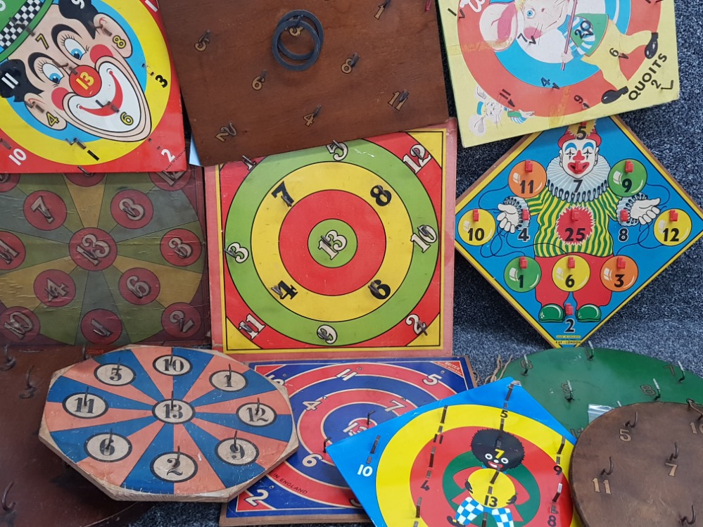 Crate of 12 mixed vintage ring toss games including Chad Valley, Kay-London and H.J.Gray & sons