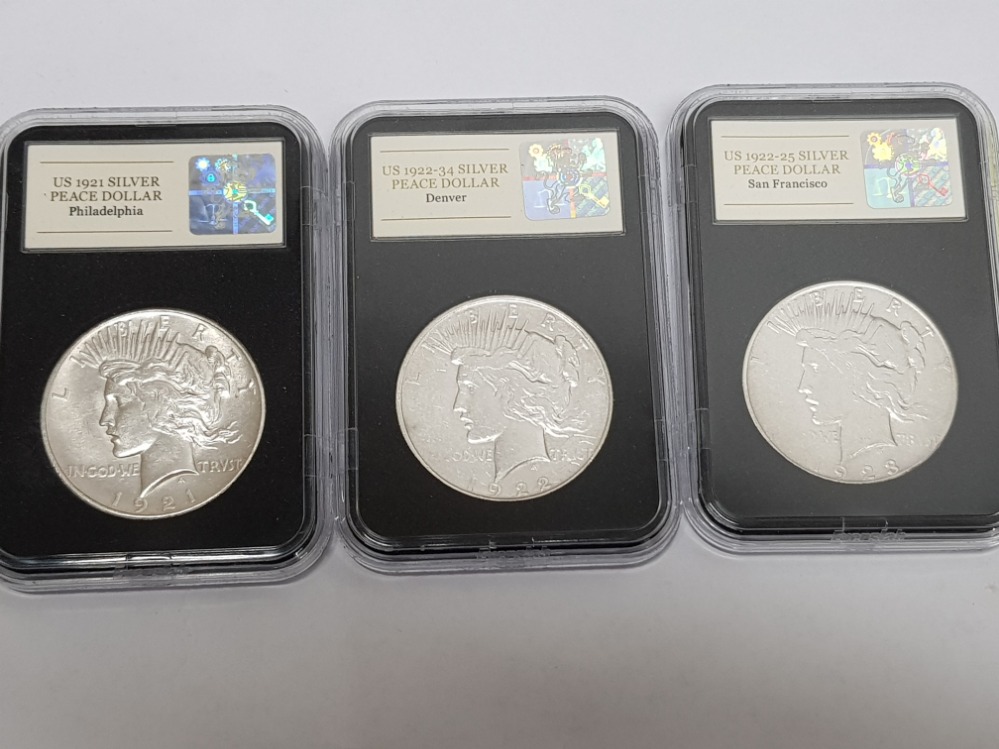 USA silver 1 Dollar 3 coin set, includes 1921 Philadelphia, 1922-34 Denver, 1922-25 San Francisco in - Image 2 of 3