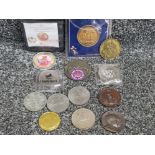 Bag of 13 mixed coins/medallions including 2 bronze walt Disney medallions, the bell medal, queen