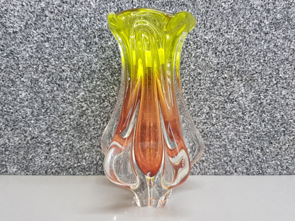 Vintage Czech Chribbka glass vase, orange & lime sommerso, Josef Hospodka