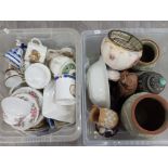 2 boxes of miscellaneous items including commemorative ware, wedgwood, Denby vases, Royal Doulton