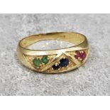 Ladies 14ct yellow gold stone set ring , comprising of 2 x Ruby's, 2x sapphires + 2x green stones.