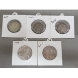 2 indian silver 1 rupee coins dated 1906, 1907 plus 3 indian silver ½ rupee coins 1912, 1936, 1942